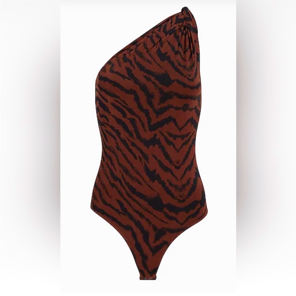 Express - Silky Animal Print Twisted One Shoulder Bodysuit